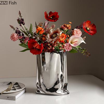 Versilberte Keramikvase Schreibtischdekoration Kreative Faltenvasen Dekorative Blumentöpfe Blumenarrangement Moderne Heimdekoration