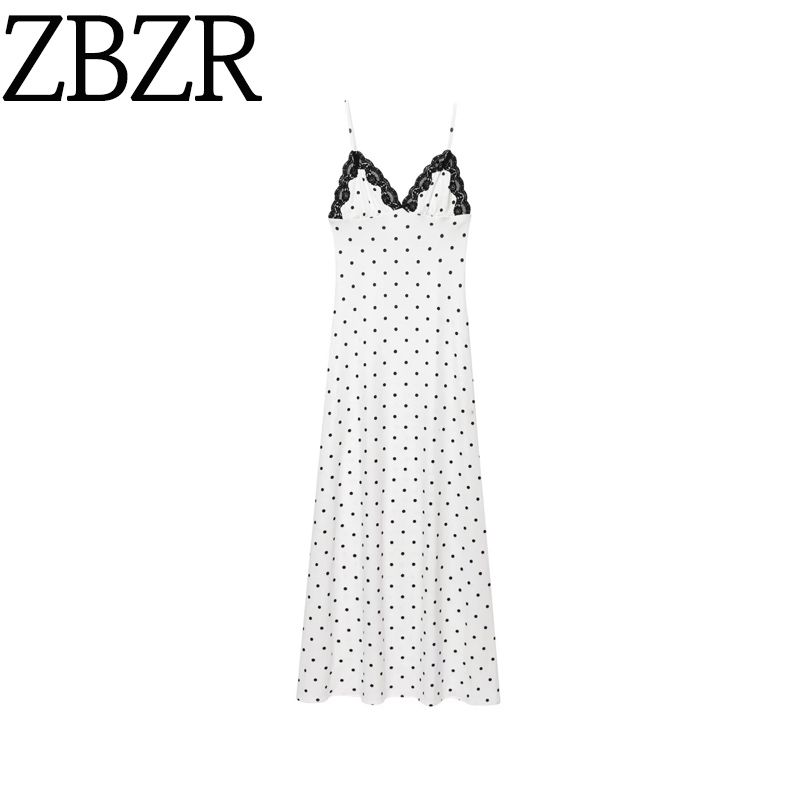 Zbzr Spring New Women clothes Western Style Fashion V-neck Lace Stitching Polka Dot Tight Camisole Dress