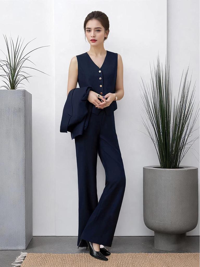 Ensemble 3 pièces pour femme en laine australienne: Blazer, gilet et pantalon évasé haut de gamme printemps/automne