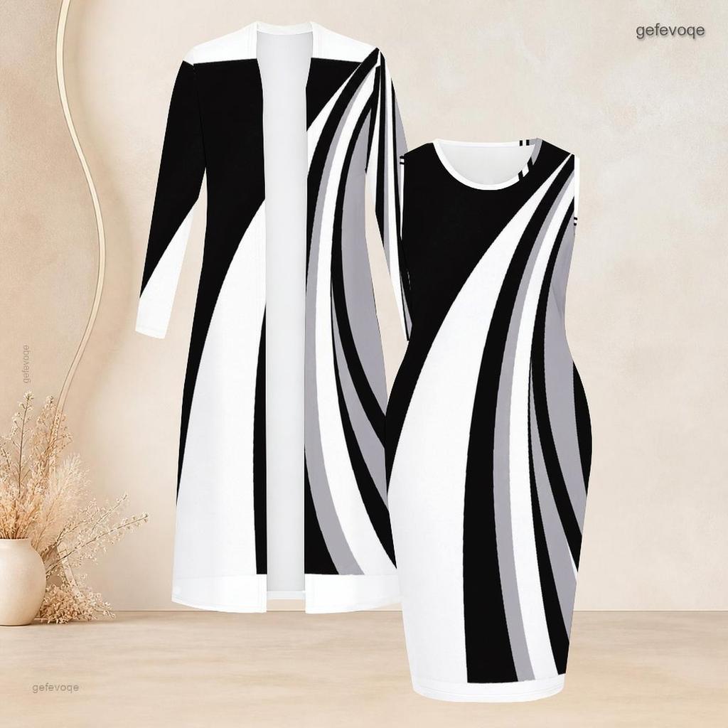 Women Plus Size Two Piece Set Long Sleeve Open Front Cardigan Sleeveless Bodycon Dress Black White Floral Printed