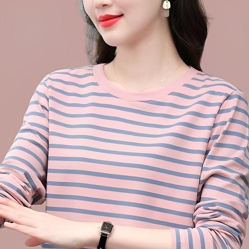 Breathable Cotton Long Sleeve Tshirt Women Loose Fit Simple Striped Casual Top Autumn