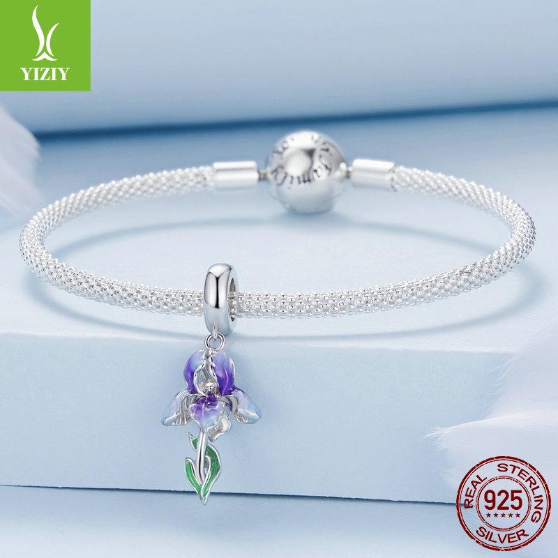 Silver Iris Gradient Oil Drip Pendant & S925 Sterling Flower Bracelet Beads