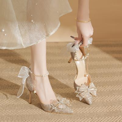 High Heels New Pointed Sequins Bow Hollow Shoes Adult Wedding Shoes Bridal Shoes Pointed Single Shoes
