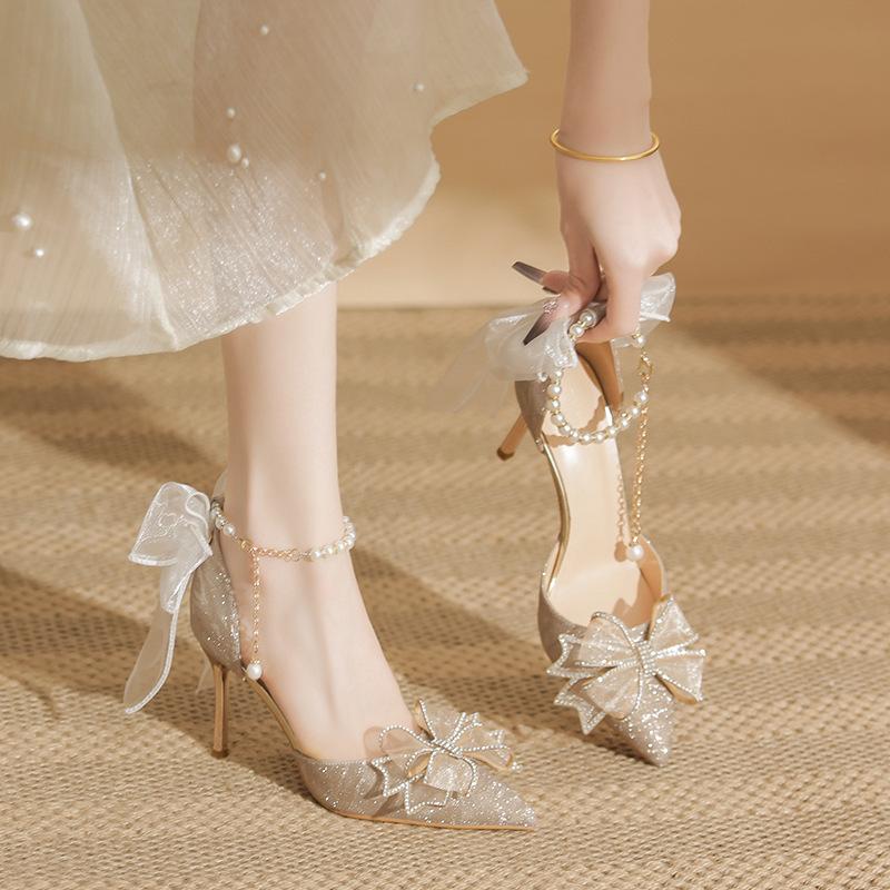 High heels new pointed sequins bow hollow shoes adult wedding shoes bridal shoes pointed single shoes