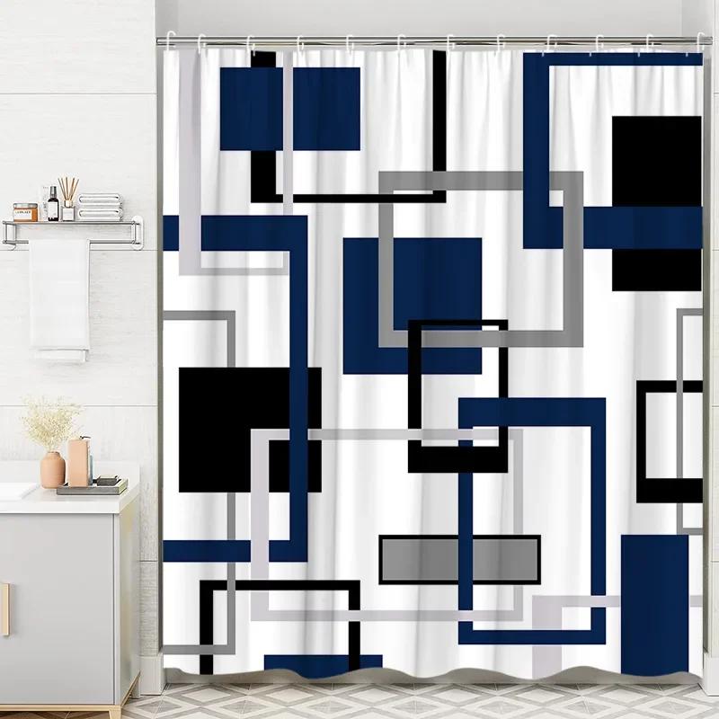 Moderní geometrická sprchová závěs s pruhovanými křivkami Černobílé čtverce Minimalistická neutrální dekorace do koupelny