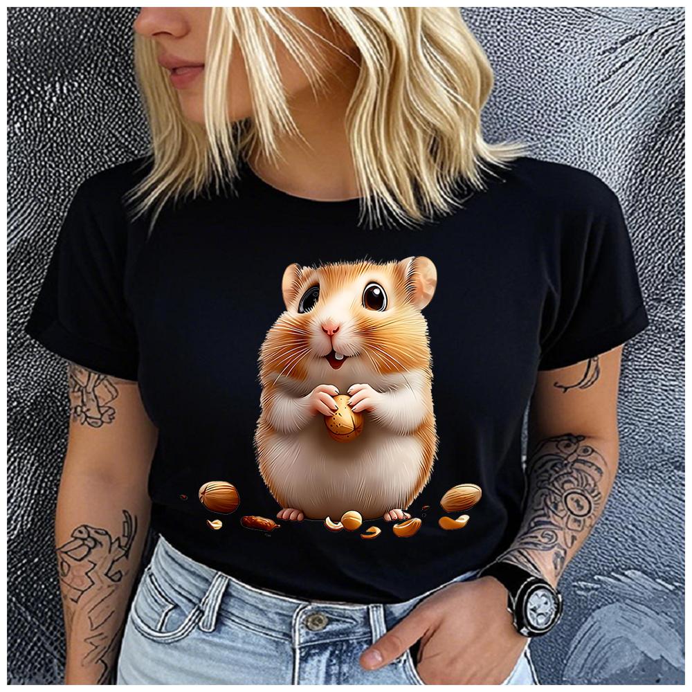 Unisex Cotton Summer Top A chubby cartoon little hamster Print Loose round Neck Short Sleeve Fashion for Lovers