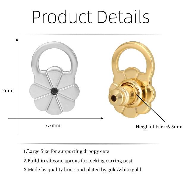 Earring Backs for Droopy Ears, JIACHARMED Locking Flower Earring Backs Replacements for Heavy Earrings Large Earring Backings for Studs 4pcs Tight