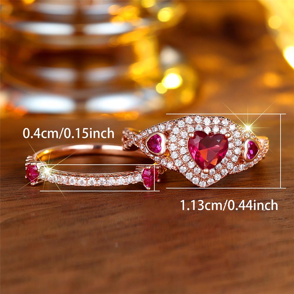Female White Red Zircon Stone Heart Engagement Ring Set Vintage Rose Gold Color Bridal Wedding Bands Party Jewelry For Women