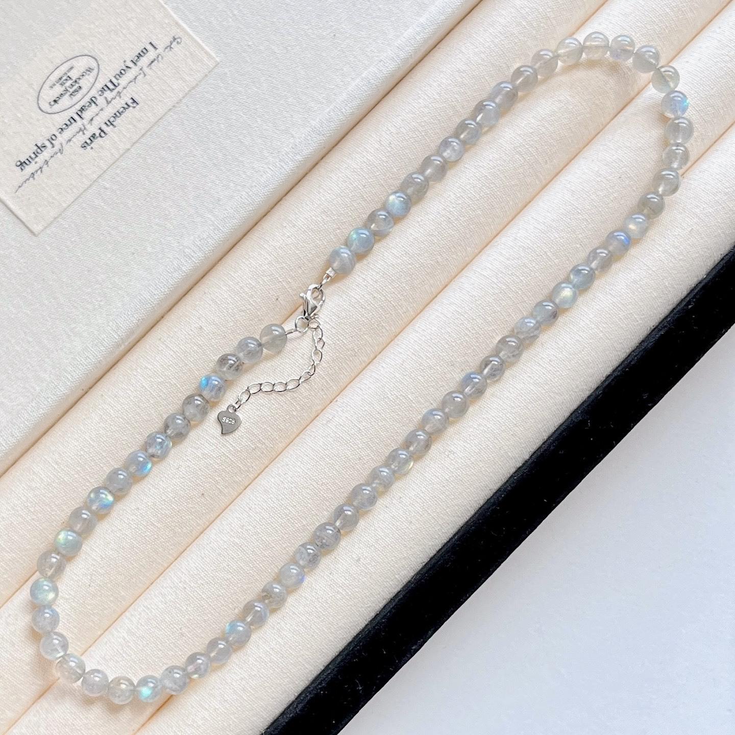 925 Silver High Quality Strong Blue Natural Gray Moonstone Collarbone Chain Necklace