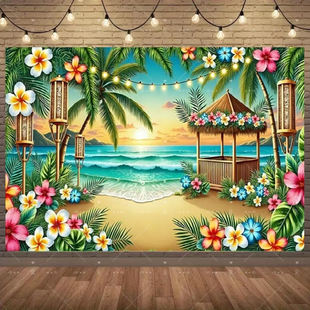 Summer Beach Holiday Party Decoration Backdrop Sunshine Flamingo Ocean Surfboard Portrait Photography Background Props Banner