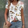 Women's T-shirt Casual Loose  Clothing Cat Pattern Top Summer New Fashion V-neck