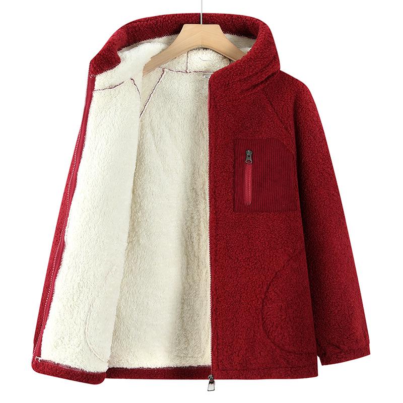 

2025 Winter Stylish Versatile Hooded Lambswool Jacket – Warm, Loose-Fitting Cotton Coat 5XL красный