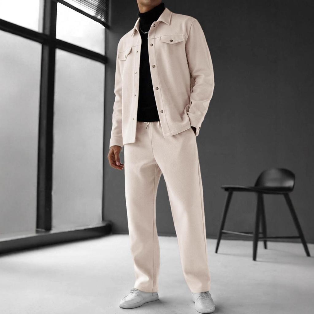 Men's Solid Color Fashion Cardigan Lapel Jacket Suit Loose Pants Long Sleeve Suit