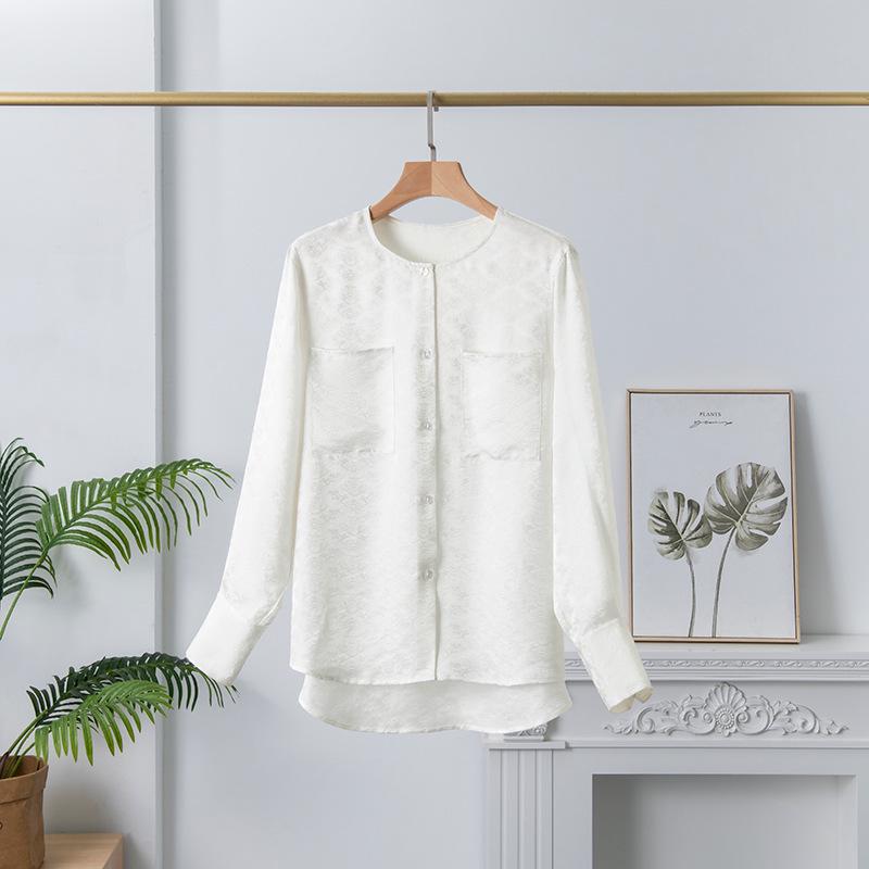 

2025 Spring Women s Heavyweight Round Neck Real Silk Satin Jacquard Long Sleeve Top One Size белый