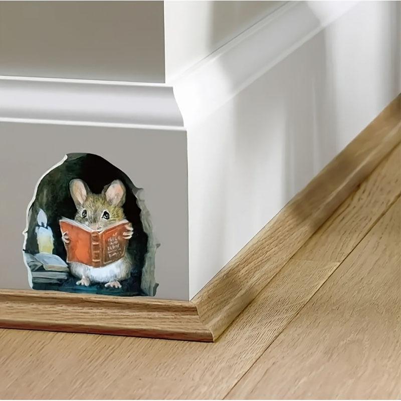 3pcs Cartoon Cute Reading Under Candlelight Little Mouse Free To Stick Mouse Hole Home Wall Decoration Wall Stickers
