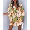 V-Neck Tie-Front Batwing Sleeve Casual Vacation Dress Women Floral Print Acetate Blend Short