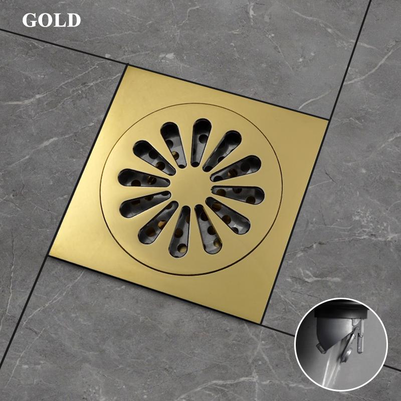 Mattschwarzer Duschablauf aus Messing, Bodenablauf für Badezimmer, Flieseneinsatz, quadratisch, geruchshemmende Abfallgitter, 100 mm, Eckbodenablauf aus Bronze