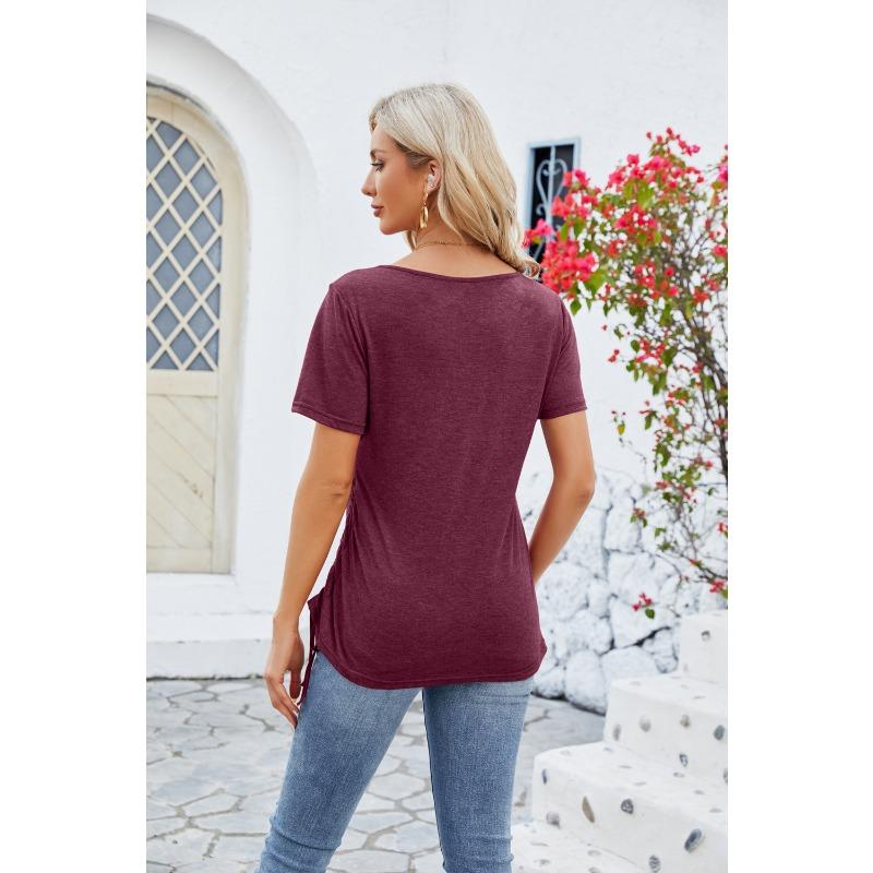 Letní dámské tričko Knoflíček U Neck Volný Stahovací Top Krátký rukáv