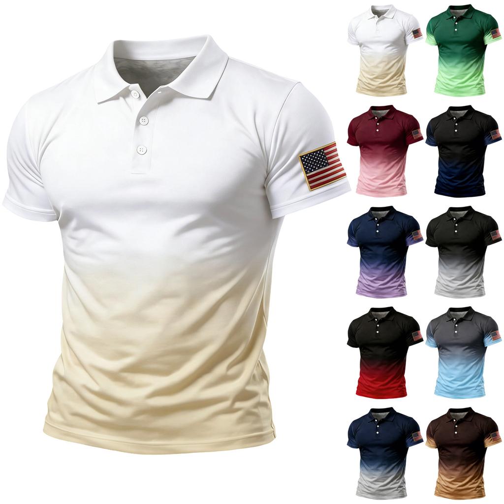 Men Short Sleeve Polo Shirt Gradient Design Button Up Flag Patch Classic Fit Comfortable Top