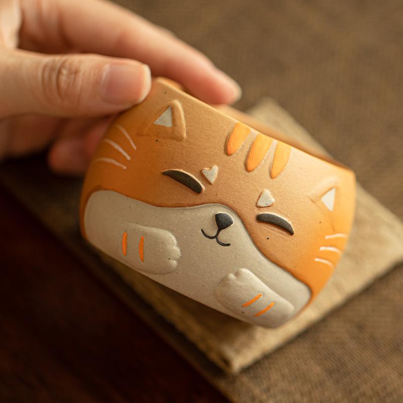 Hand Painted Woodfish Cat Chinese Gongfu Tea Cup Set Porcelain Tea Ceremony Accessories