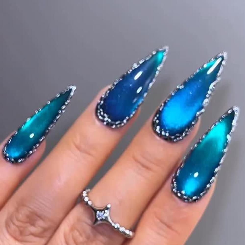 Almond Shape Blue Cat Eye False Nails - 24 Piece Set for Nail Art