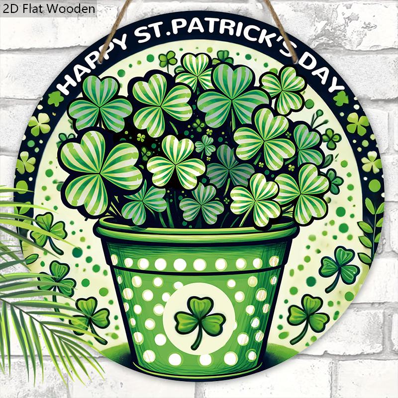 Rustic Wooden Sign with  Shamrock Lucky Clover Pattern, Round Sign for Front Door, Wall Hanging Decor - Ideal St Patricks Day Gift for Family & Friend