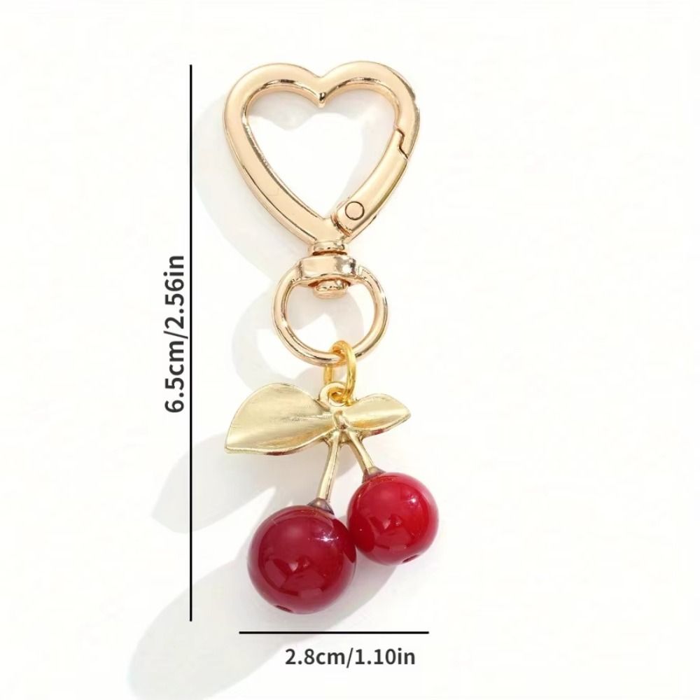 Cute Cherry Keychain Heart-Shaped Bag Charm Durable Lobster Clasp DIY Bag Accessory Car Key Accessories Golden Leaf Keyring