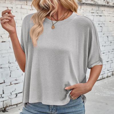 Damen Sommer T-Shirt Rundhals Fledermausärmel Halbarme Locker geschnittenes T-Shirt Uni