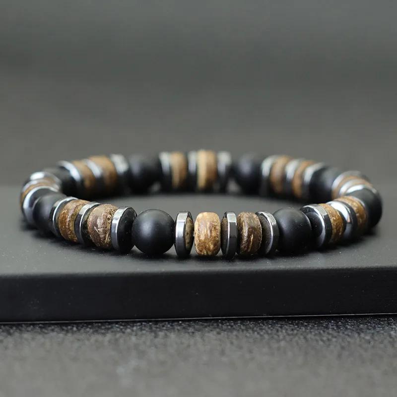 Nouveau Vintage hommes Bracelet pierre naturel bois Bracelet Homme hématite yeux de tigre Braslet noix de coco perle Brazalete Pulsera Hombre