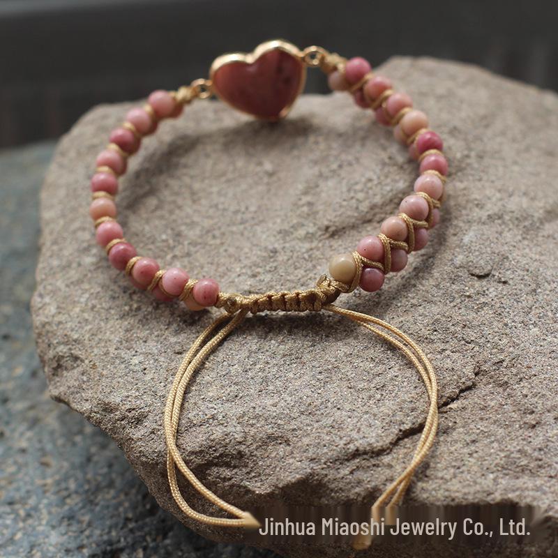 Bohemian Red Heart-Shaped Redwood Stone Double-Layer Woven Women's Bracelet