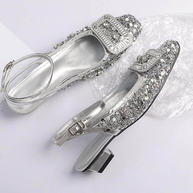 

Fashion Low Heels Women s Square Head Shallow Mouth Glitter Cloth Glitter Buckle Soft Soled Anti-slip Wear-resistant Sandals 40 серебряный