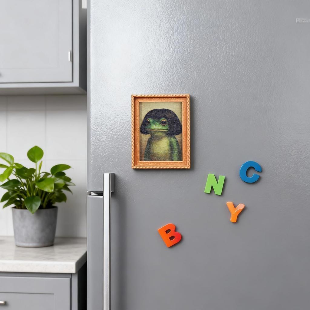 Animals Refrigerator Magnet with Wooden Frames Design Cute Vintage-Style Frog Art Magnet for Home Kitchen Office Decor