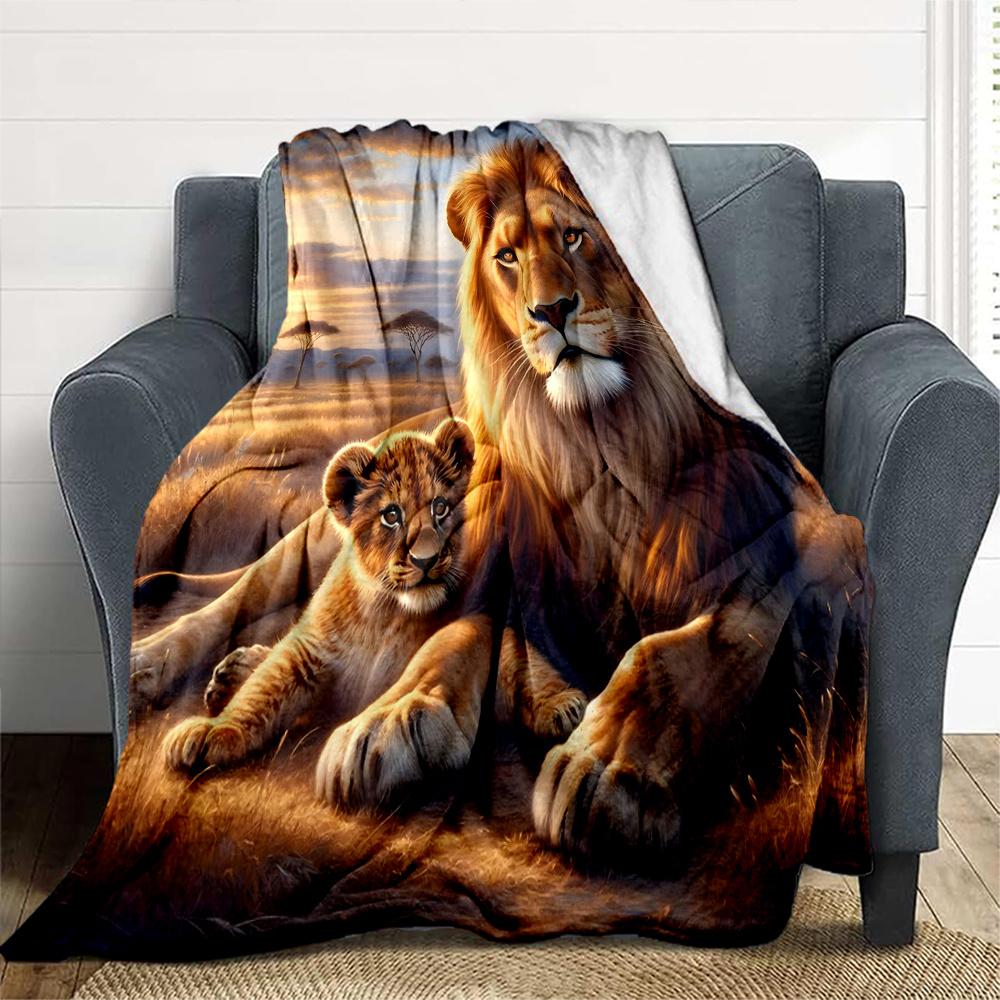1pc Lion Cubs Flannel Blanket, Comfortable and Warm Blanket, for Camping Sofa Bed and Couch Office040