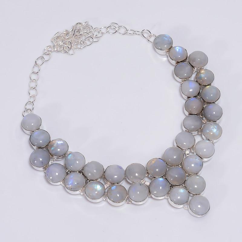 

Classic Top Grade Qualite 100% Natural Rainbow Moonstone Round Shape Ethnic Handmade Jewelry 925 Steling Silver Necklace 18 WSJ-4738 срібний