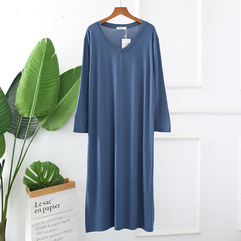 

Женская ночная рубашка из модала и хлопка с длинными рукавами и V-образным вырезом, свободного кроя, для весны и лета XL павлин голубой