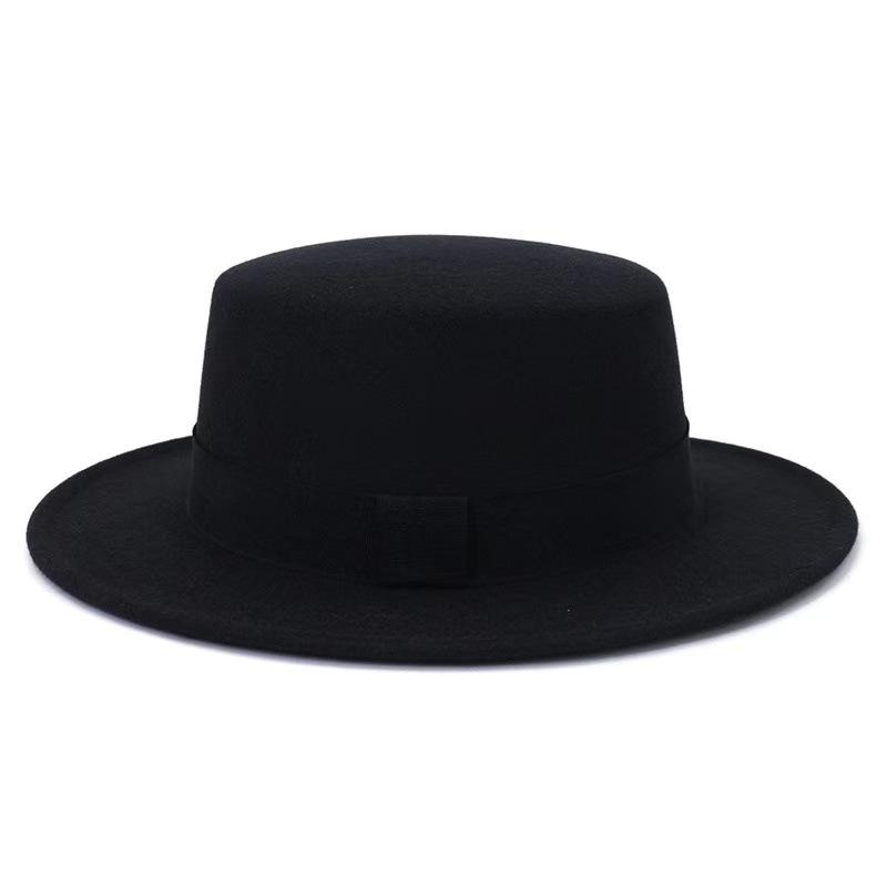 Autumn Winter Korean Version Flat-Top British Style Solid Color Top Hat Gentleman'S Jazz Hat Wide-Brimmed Flat-Brimmed Woolen Hats For Men And Women