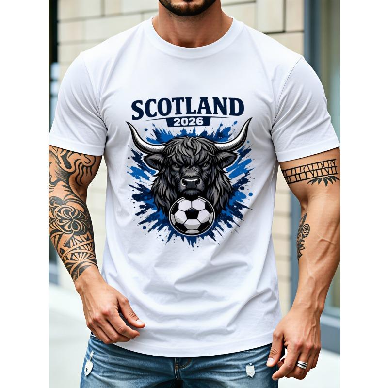 T-shirt da uomo Scozia Mucca delle Highlands e Calcio - Maglietta tinta unita in cotone con scollo rotondo e stampa nazionale scozzese, Adatta per outfit da giorno partita scozzese