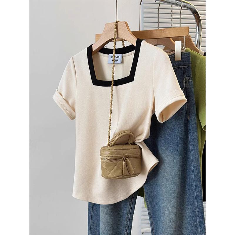 Plus Size Women's Stylish Square Neck Short Sleeve Summer T-shirt - Pure Cotton, Slimming, Up to 200 Jin.