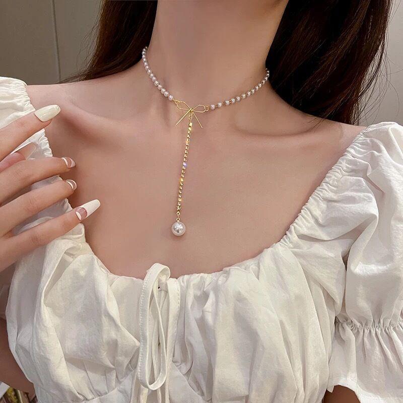 iF ME Elegante Perlenanhänger Halskette Schleife Kristall Gold Kette Halsband Schmuck Zubehör