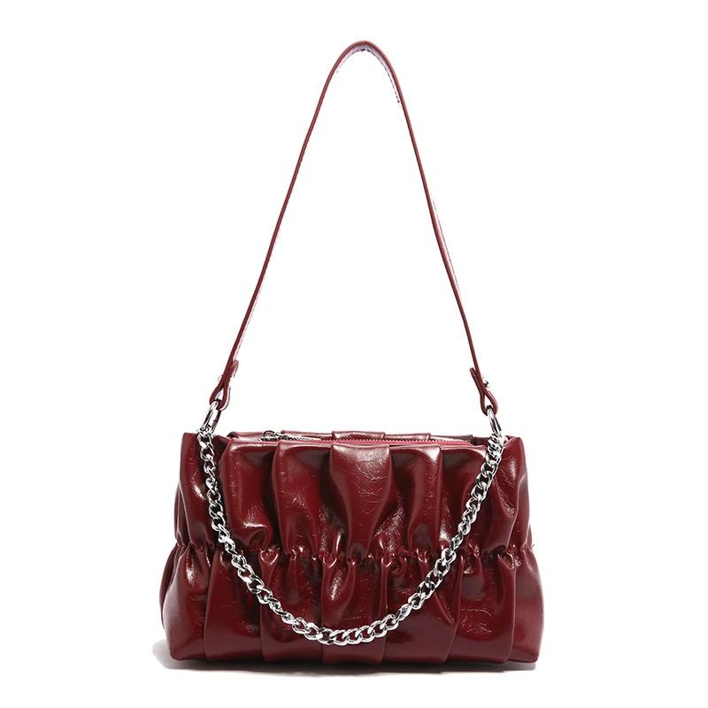 Monochromatic pleated PU women's shoulder bag with chain zipper stitching line versatile crossbody bags