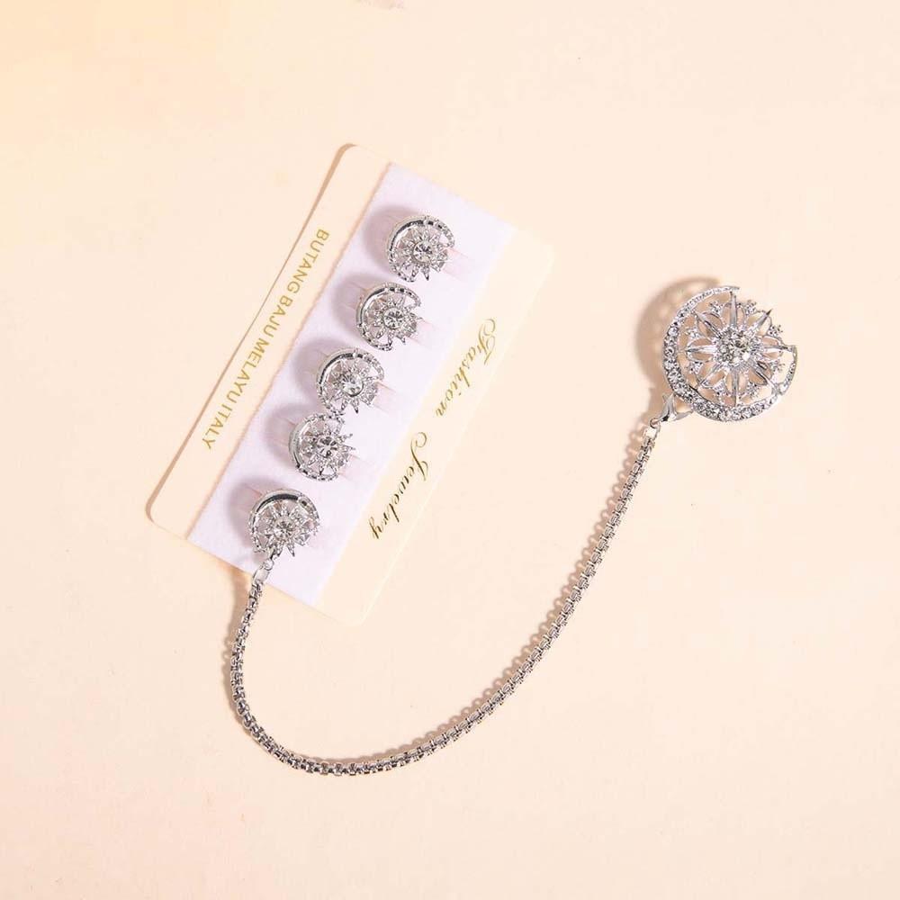 

5pcs Rhinestone Butang Baju Melayu Vintage Brooch with Chain Traditional Men s Wear Style 3 Silver
