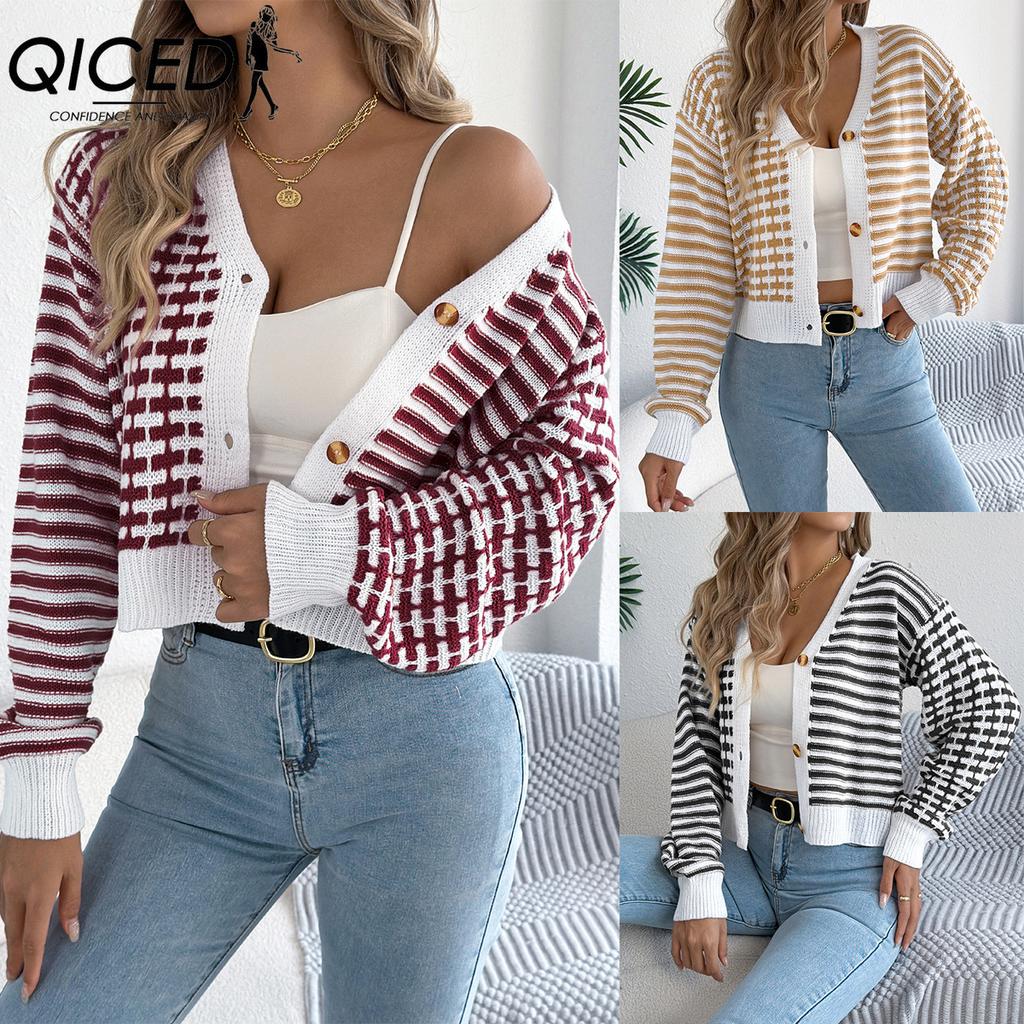 QICED Autumn and Winter Color-blocking Striped Lantern Long-sleeved Cardigan Sweater Short Coat Women's Wear