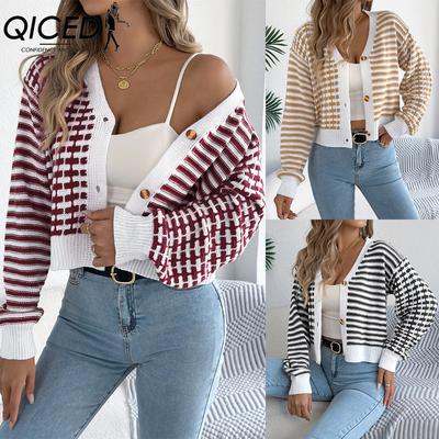 Automne et Hiver Color-blocking Rayé Lanterne Manches Longues Cardigan Pull Court Manteau Vêtements pour Femmes
