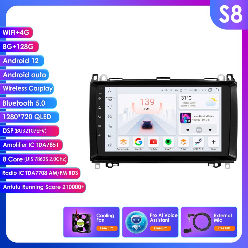 HIzpo 9" Android 13 Wireless Carplay for Mercedes Benz B200 W245 W639 W906 Sprinter Navi GPS 2 Din Car Radio Multimedia Player RDS DSP Bluetooth SWC