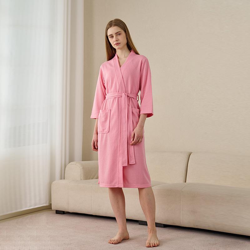 Women's Plus Size Quick-Dry Black Waffle Bathrobe with Three-Quarter Sleeves - Summer Thin