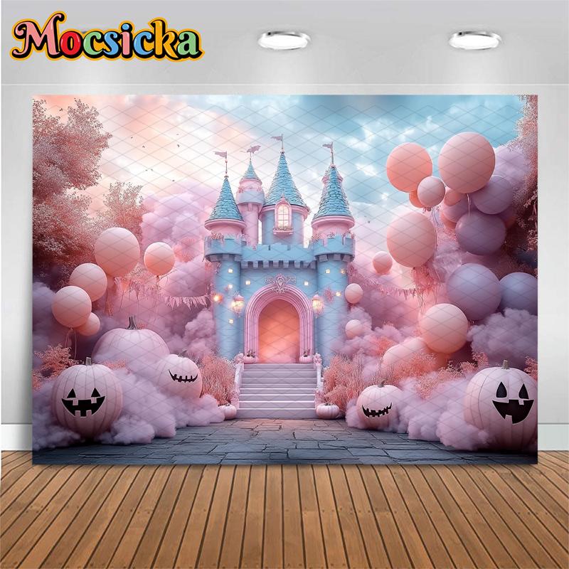 Mocsicka Halloween Photo Background Shooting Props Pink Castle Balloon Pumpkin Party Decor Photography Backdrop Studio Wallpaper