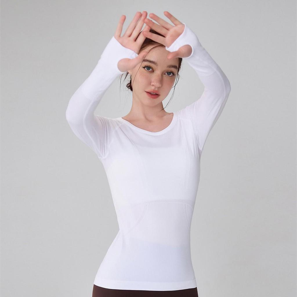 Women's Seamless Waist-Cinched Round Neck Long Sleeve Yoga Top: Breathable, High Elasticity, Shaping, Fitness Base Layer.