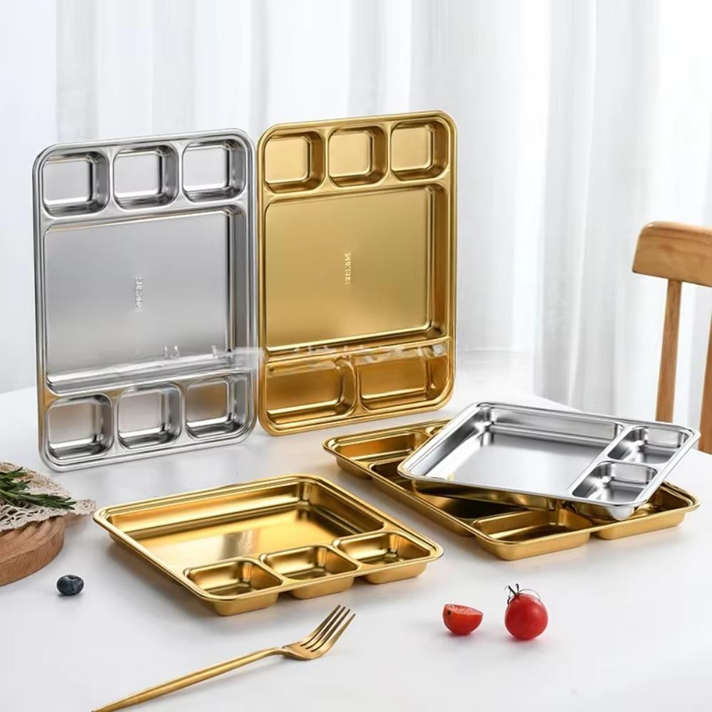 Multi-Compartment Stainless Steel Divided Meal Tray Rectangular Food Serving Plate Kitchen