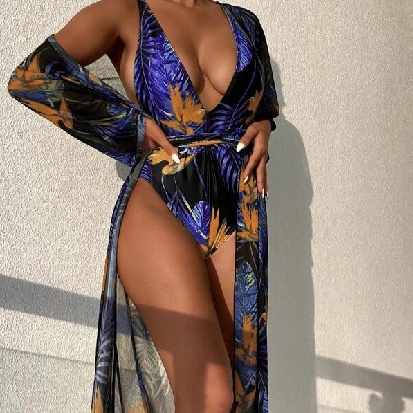 Bademode für Damen, einteilig, bedrucktes Netzstoff, zweiteiliger Cover-Up-Bikini