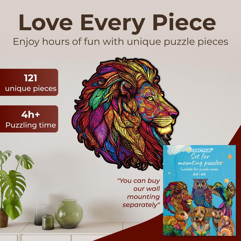 CRAFTHUB Wooden Jigsaw Puzzles – Lion Wooden Puzzles for Adults & Kids – Animal Shaped, Family Games, Gift Ideas for Women and Men, 121 Piece, A3